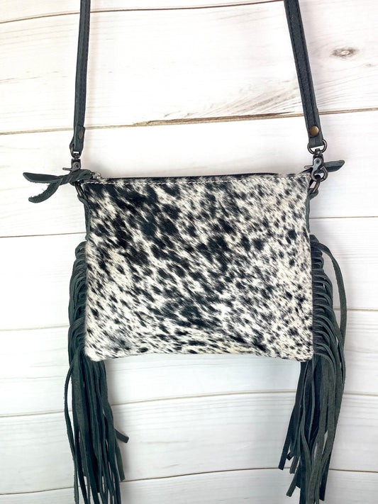 Black White Cowhide Black Leather Medium Size Handbag