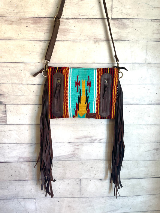 Rust / Wine and Turquoise Pattern Wool Leather Fringe Concealed Carry Bag