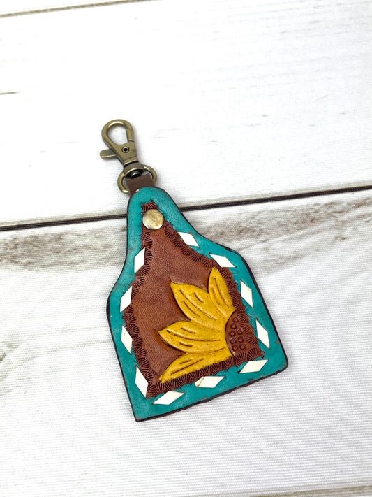 Turquoise Border Sunflower Buckstitch Leather Key Tag