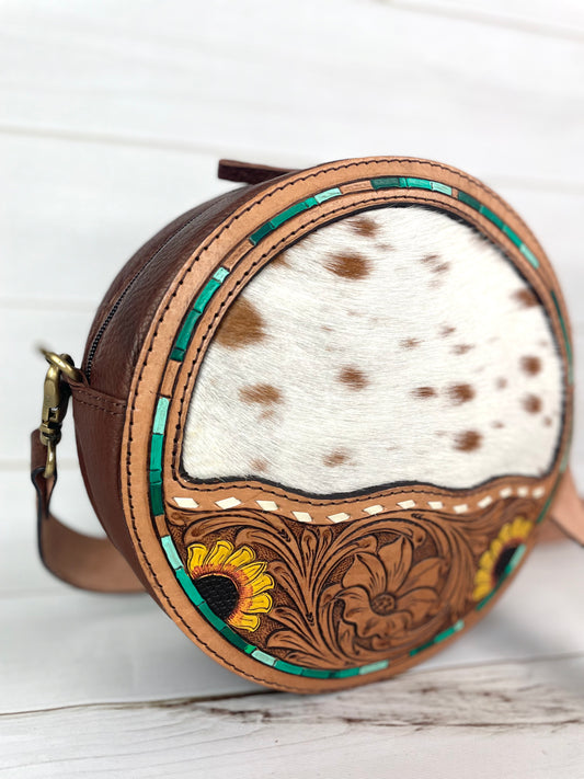 Cowhide and Sunflower Leather Canteen Crossbody Bag