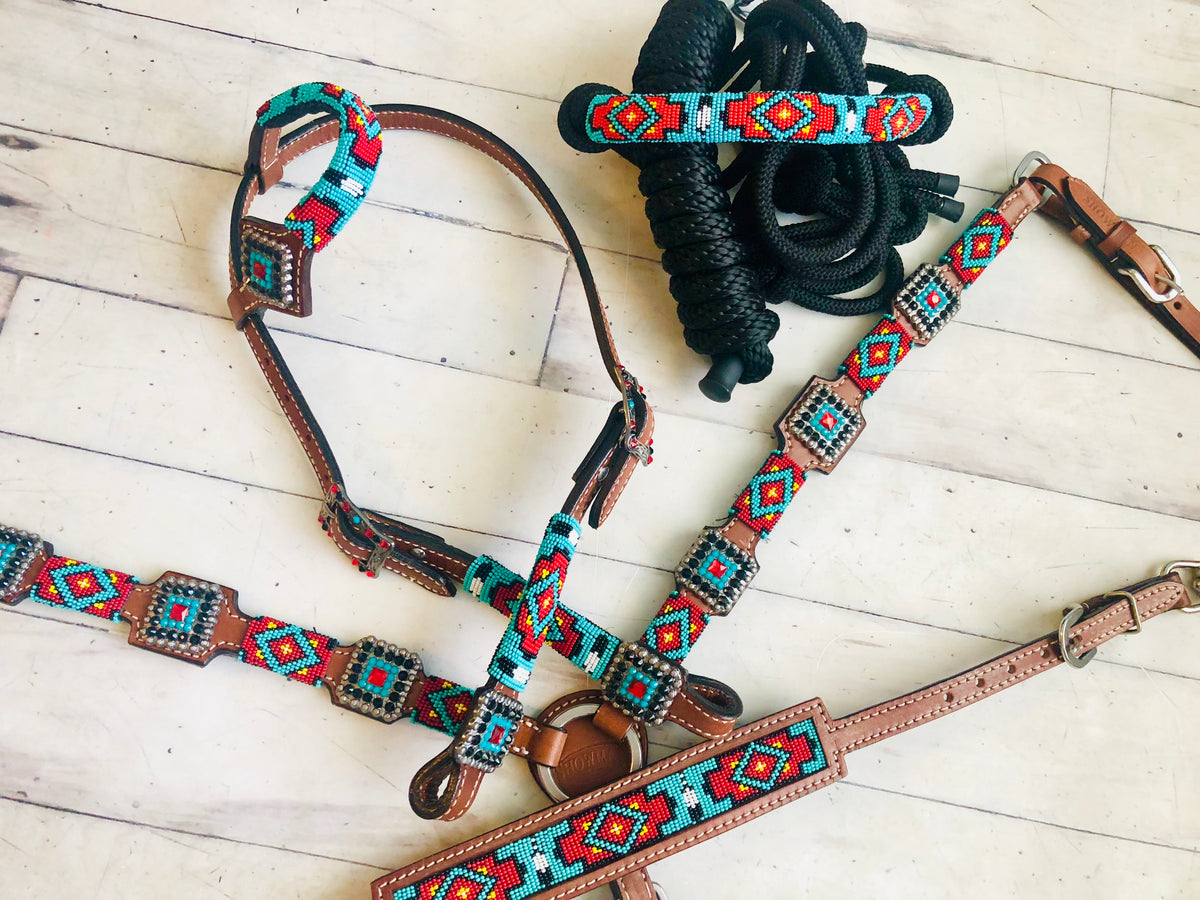 Red and Teal Beaded Diamond Pattern Tack Set