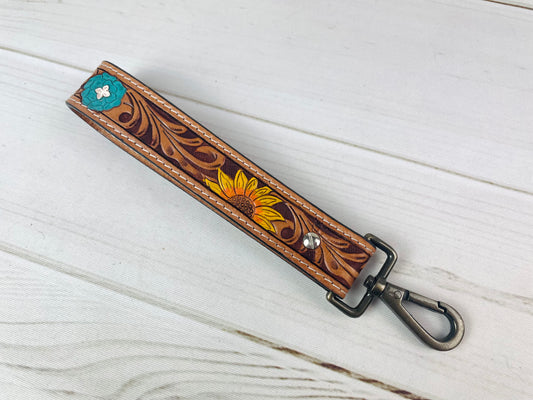 Sunflower Turquoise Flower Tooled Wristlet Leather Keychain