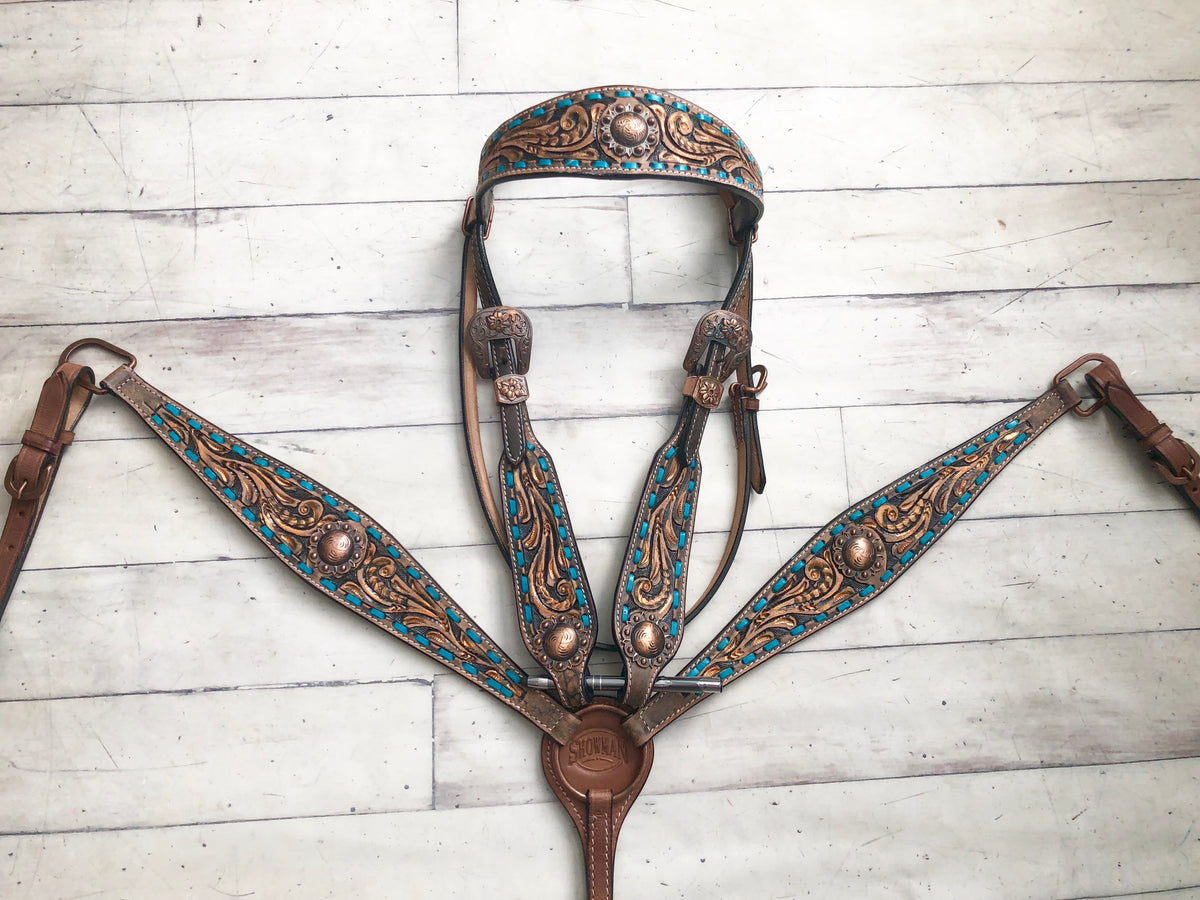 Teal Buckstitch Tooled Copper Brushed Set
