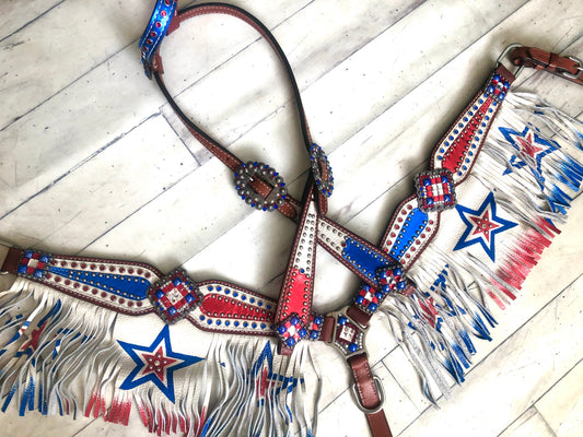 Patriotic Red White and Blue Star Fringe Leather Tack Set