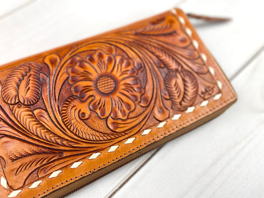 Floral Tooled Leather Buckstitch Zipper Wallet