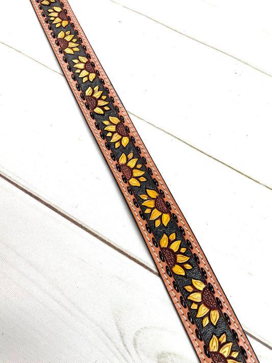 Yellow Sunflower Tooled Black Buckstitch Handbag Strap