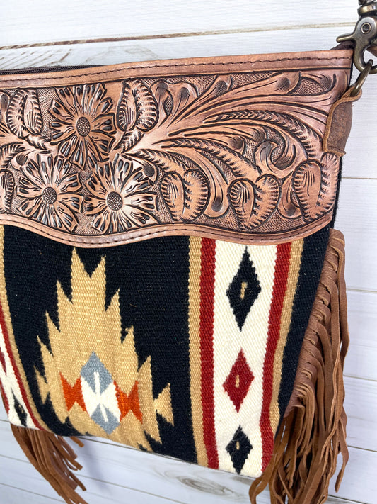 Black and Tan Wool Diamond Pattern Fringe Handbag