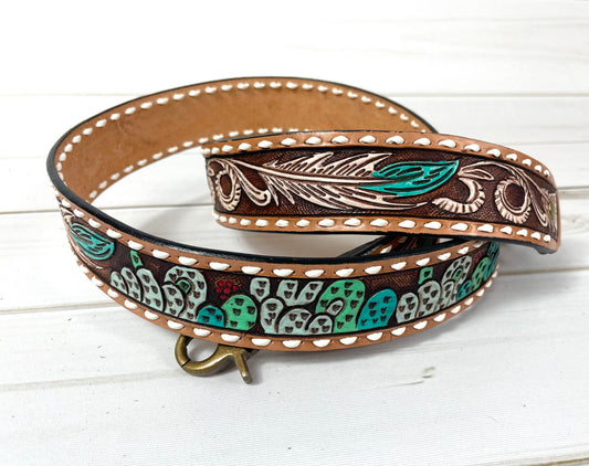 Cactus Feathers Tooled & Hand Painted Leather Handbag Strap