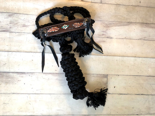 Leather Diamond Tooled Halter on Black Nylon Muletape