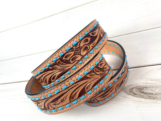 Light Floral Scroll Tooled Leather Handbag Strap with Blue Buckstitch