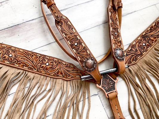 Tooled Leather with Light Suede Fringe Tack Set