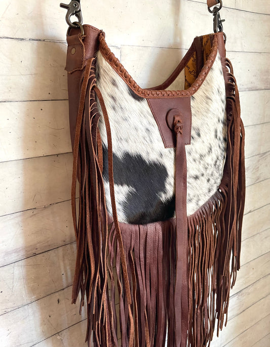 Brown Hide & Leather Boho Crossbody Long Fringe Bag