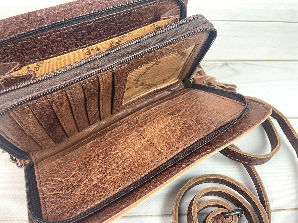 Floral Tooled Leather Red & Cream Wool Inset Carryall Wallet Cowgirl