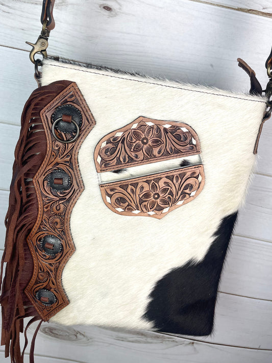 La Paz Hide Tooled Pocket Side Fringe Bag