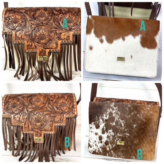 Scottsdale Tooled Dark Brown Leather Fringe on Hide Satchel Bag