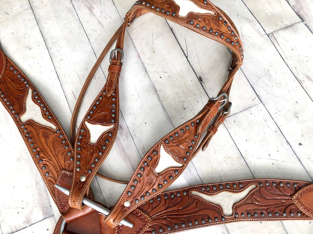 Leather Tooled Steer Head Hair on Hide Inset Tack Set Cowgirl Barn & Tack