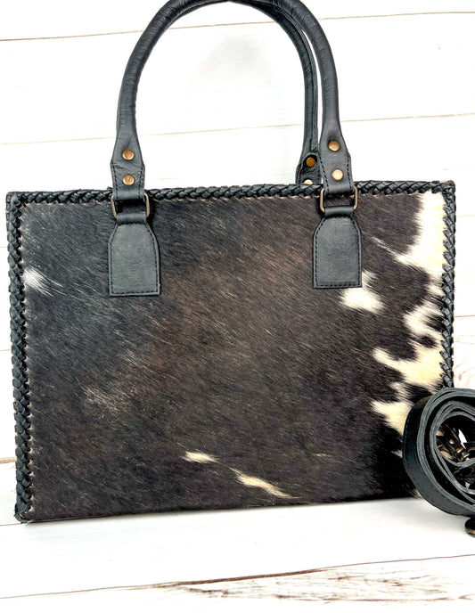 SALE! Black Leather Braided Cowhide Tote