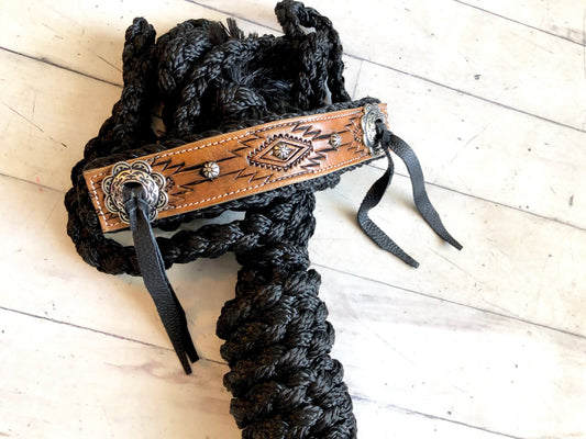 Leather Aztec Tooled Noseband on Black Nylon Muletape