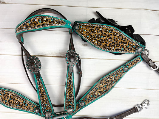 Cheetah/ Leopard Rhinestone Studded Teal Bronc Halter