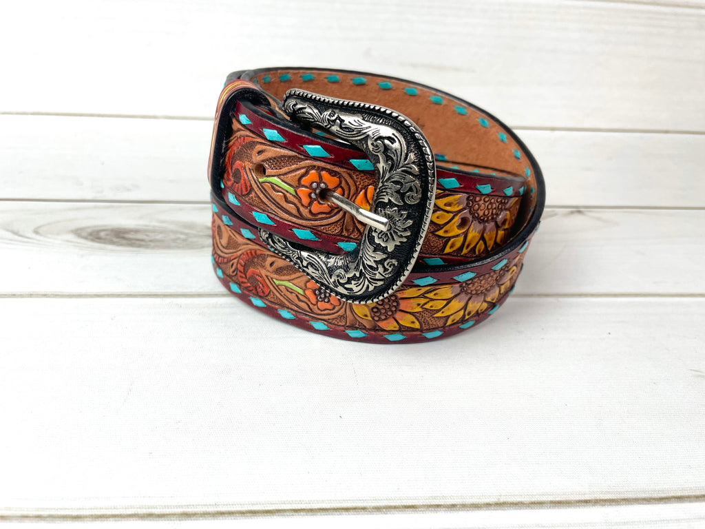 Turquoise Buckstitch Floral Tooled Leather Belt – Cowgirl  display picture 1