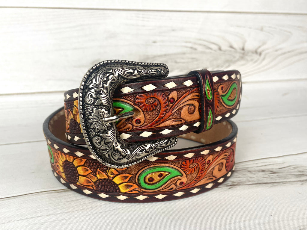 WOMEN\'S SUNFLOWER WESTERN LEATHER BELT, COWGIRL HANDTOOLED HANDPAINTED SZ 36 Women main image 2