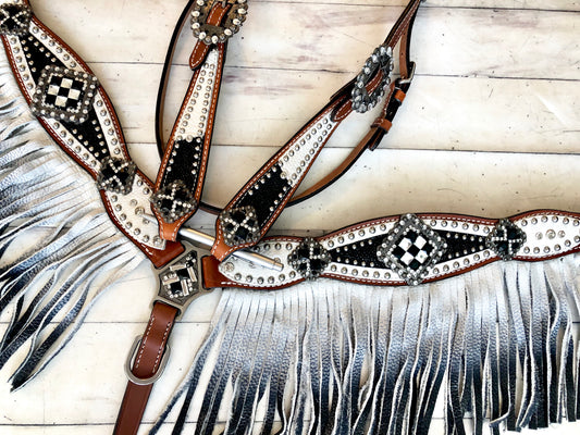 Black and White Ombre, Checkered Concho, Scalloped Leather Tack Set