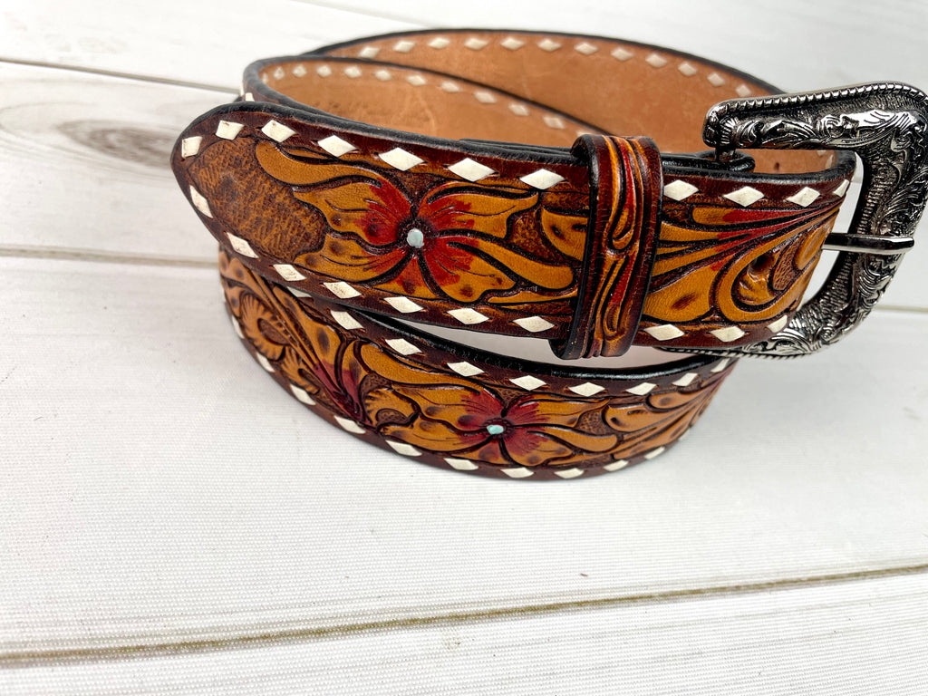 VTG Circle Y Western Tooled Floral Inlay Buckle Buckstitch Leather Belt Rodeo 32 Circle Y Unisex Leather Hair On Hide Belt, 1-1/2 in. at  main image 2