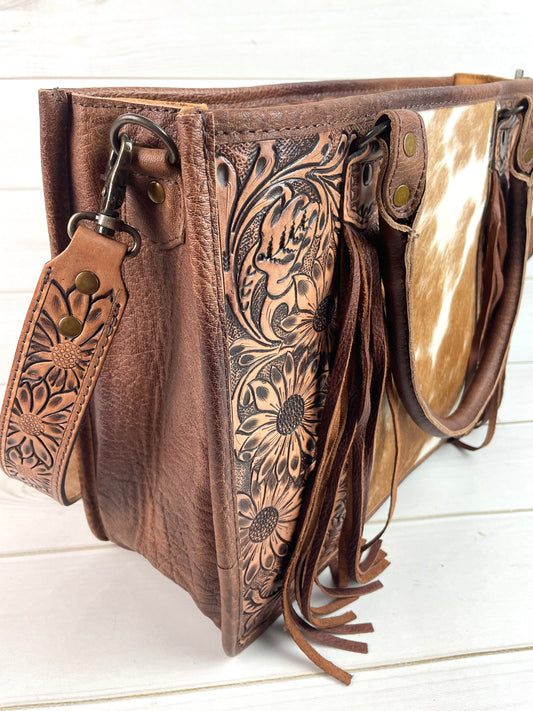 Prescott Brown Pattern Hide Tote with Leather Tooled Sunflowers