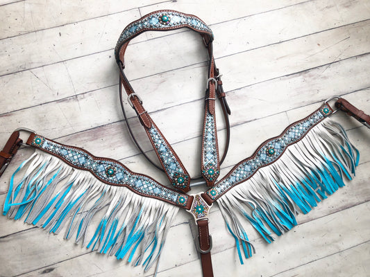Blue and White Diamond Ombre Fringe Tack Set