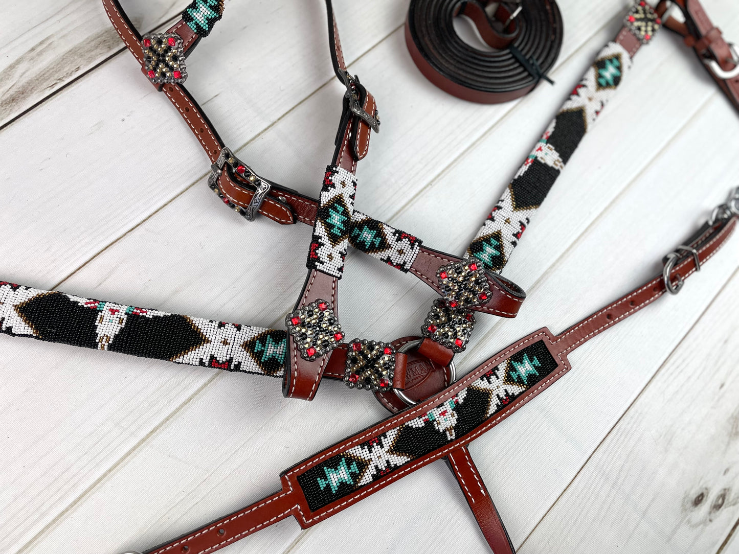 Black Beaded Steer (Bull) Skull Leather Tack Set