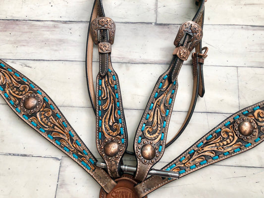 Teal Buckstitch Tooled Copper Brushed Set