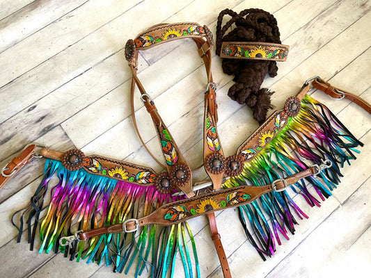 Sunflower Feather Leather Band Muletape Halter