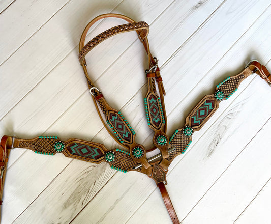 Teal & Maroon Beaded Set with Teal Whipstitch