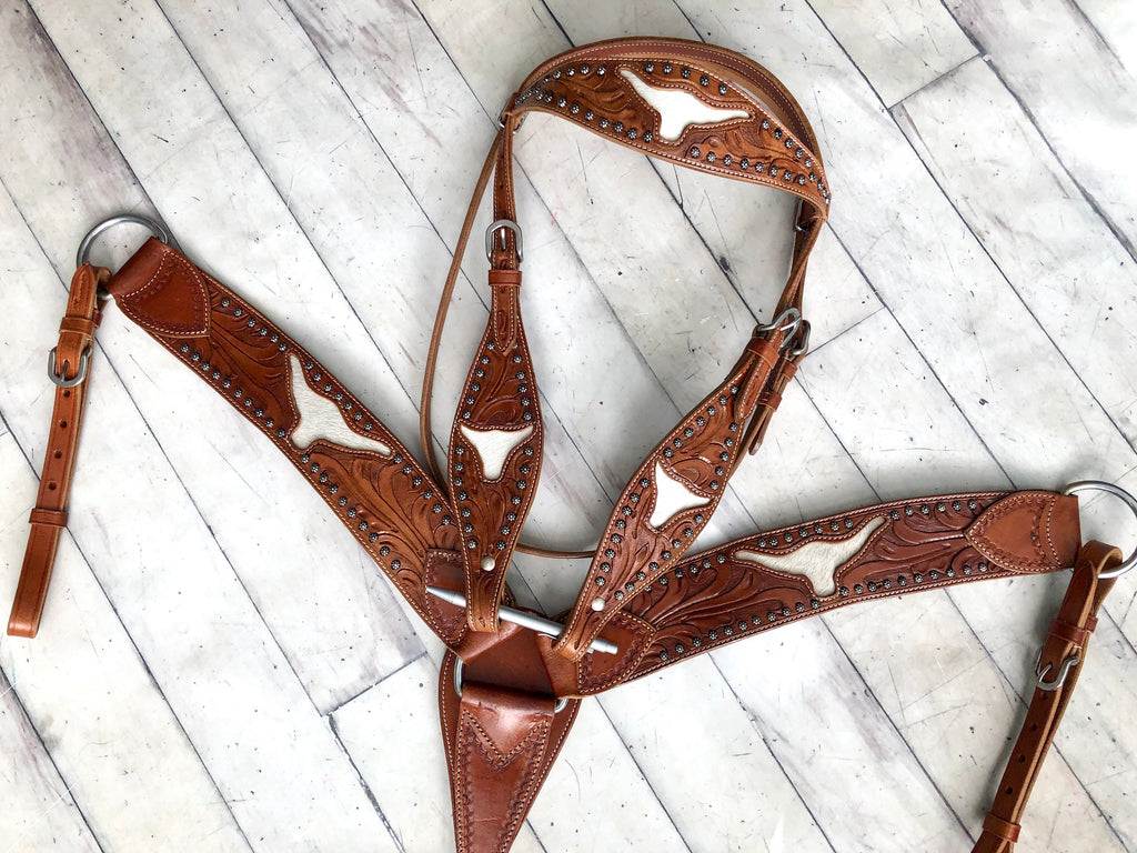 Leather Tooled Steer Head Hair on Hide Inset Tack Set Cowgirl Barn & Tack