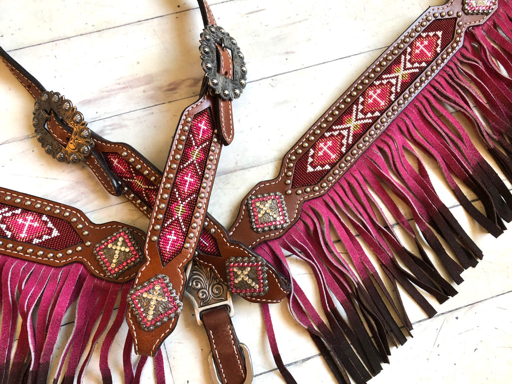 Showman Leather Headstall & Breast Collar Set - Cheetah Print With Rhinestone Conchos & Fringe