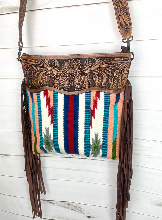 SALE! Peach Teal Serape Pattern Wool Leather Handbag