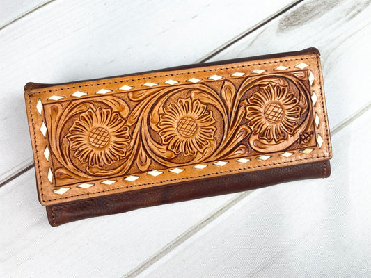 Tooled Floral Buckstitch Flap Leather Wallet