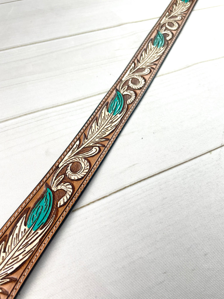 Turquoise & White Feather Tooled Leather Woman display picture 1