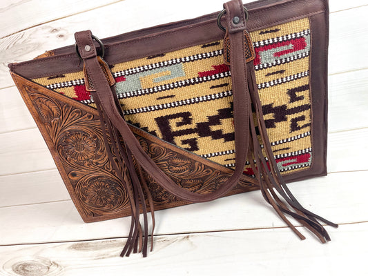 Tan, Wine and Grey Wool with Tooled Leather Swatch Large Western Tote