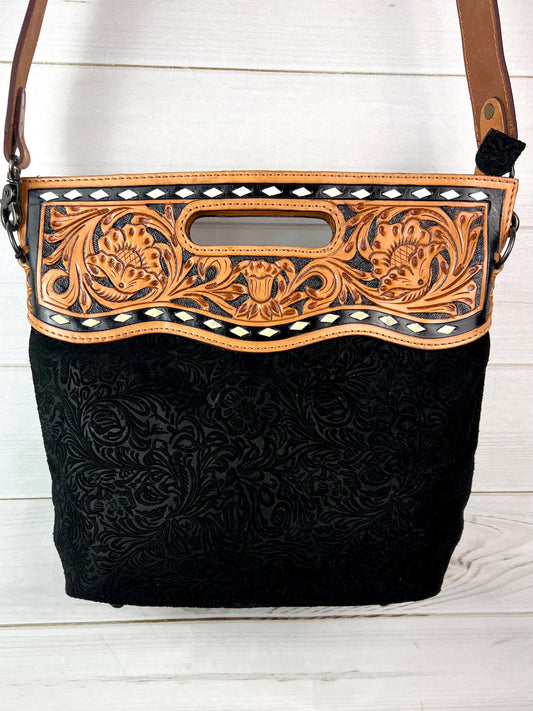 Black Canyon Handle Cross Body Bag - Pattern Suede Brocade Design