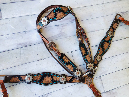 Sunflower Tooled Turquoise Buckstitch Set