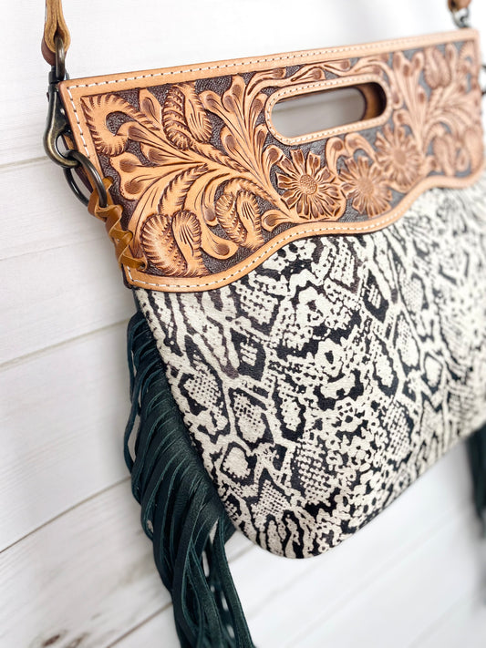 Black Snake Pattern on Hide Tooled Handle Fringe / Crossbody Handbag