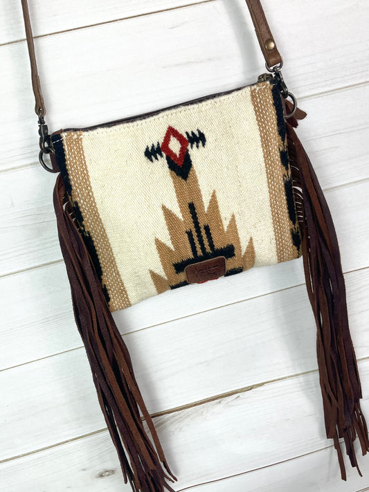Churro Tan & Cream Wool Pattern with Leather Tooled Fringe Bag