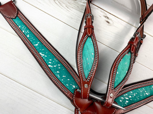 Turquoise Leather Hide with Metallic Splatter Tack Set