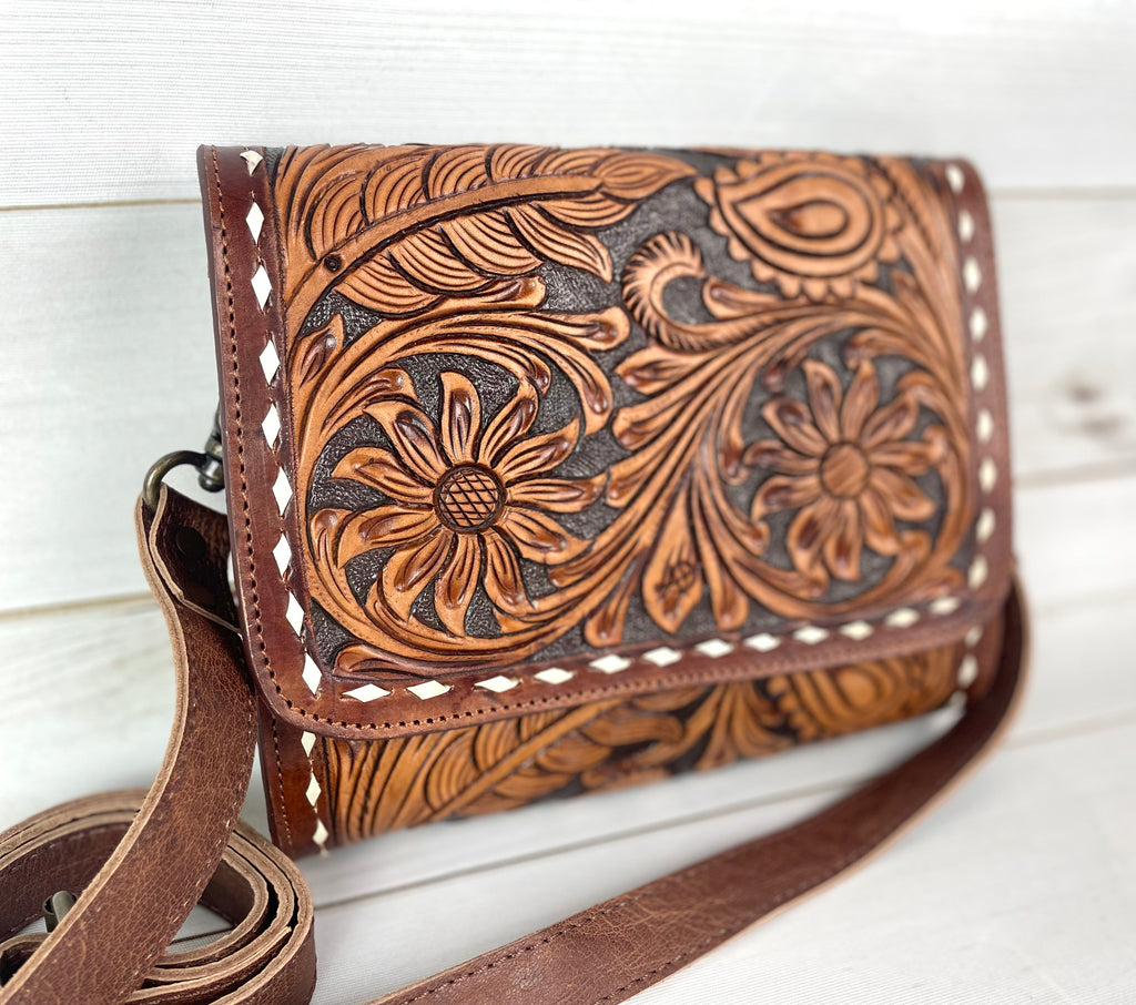 Tooled leather online clutch purse