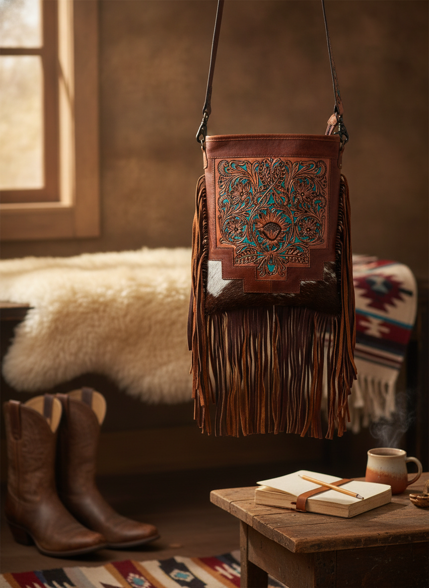 Country Turquoise Floral Tooled Fringe Leather Handbag