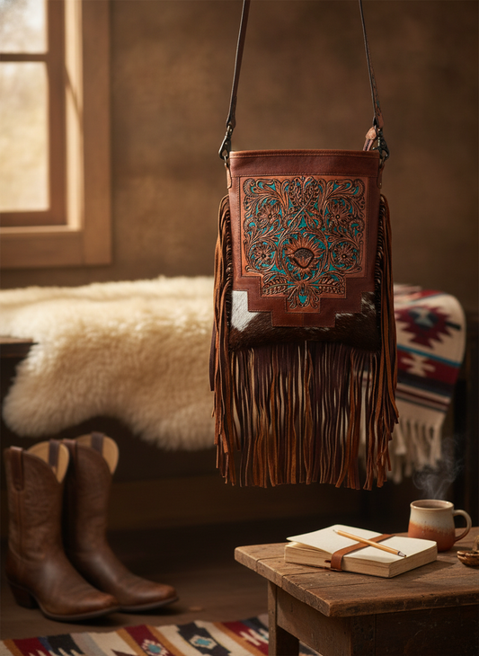 Country Turquoise Floral Tooled Fringe Leather Handbag