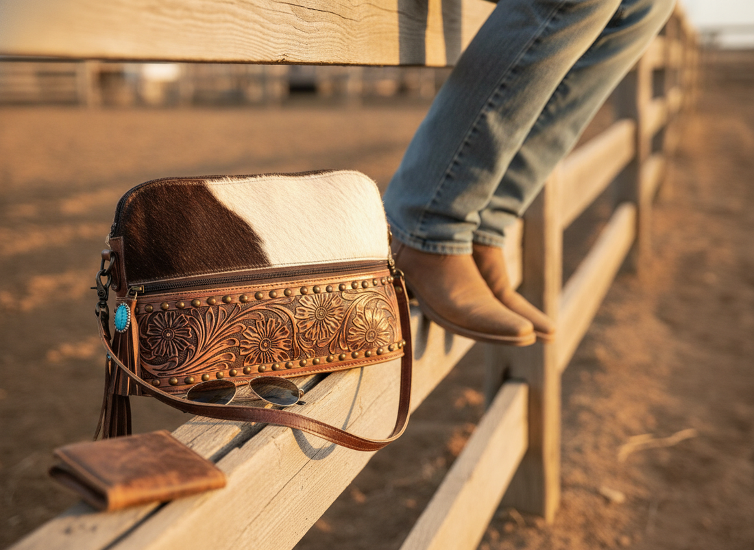 Brown Cowhide and Leather Floral Tooled Bottom Zipper Western Handbag