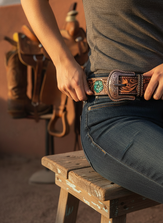 Dark Floral Tooled Turquoise Floral Western Belt