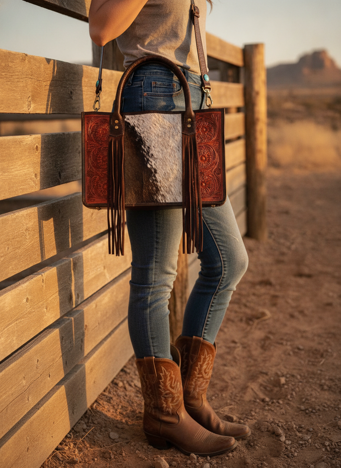 Cowhide and Floral Leather Tote Bag